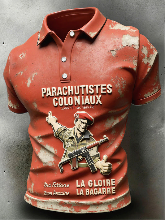 Polo à manches courtes décontracté rouge imprimé art vintage français pour homme