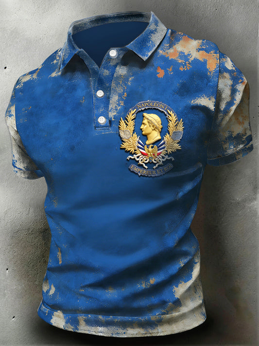 Polo à manches courtes décontracté vintage bleu imprimé Napoléon français pour hommes