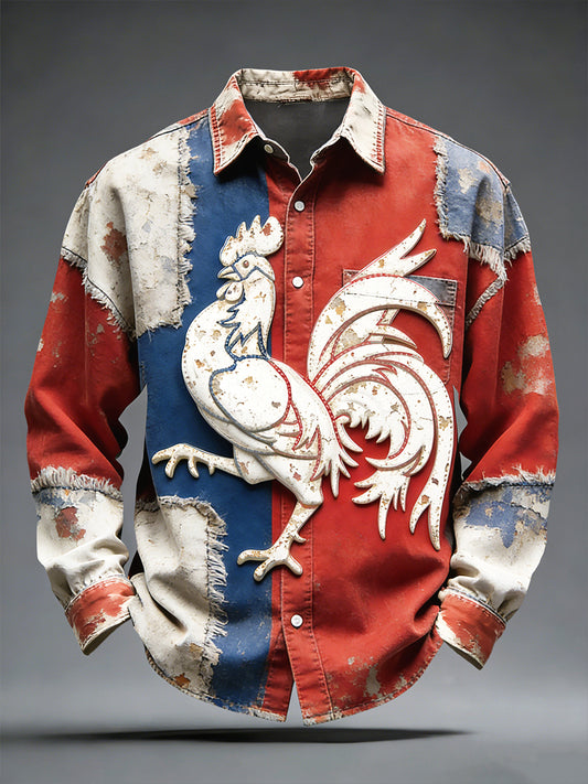 Polo à manches longues décontracté à imprimé patchwork de coq français pour hommes