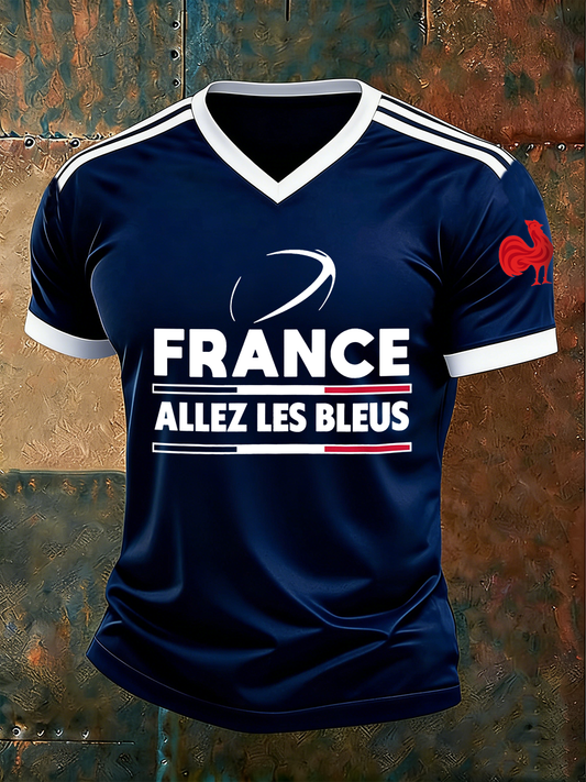 T-shirt col V France Rugby Allez Les Bleus Homme