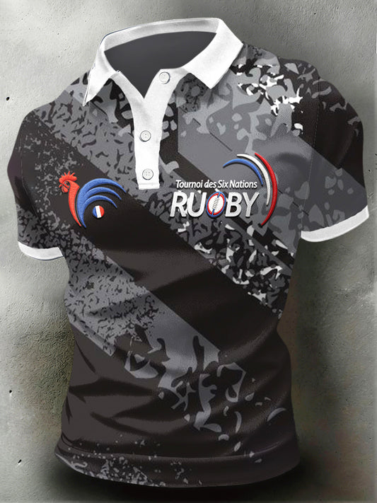 Polo décontracté à imprimé rugby coq français gris foncé pour homme