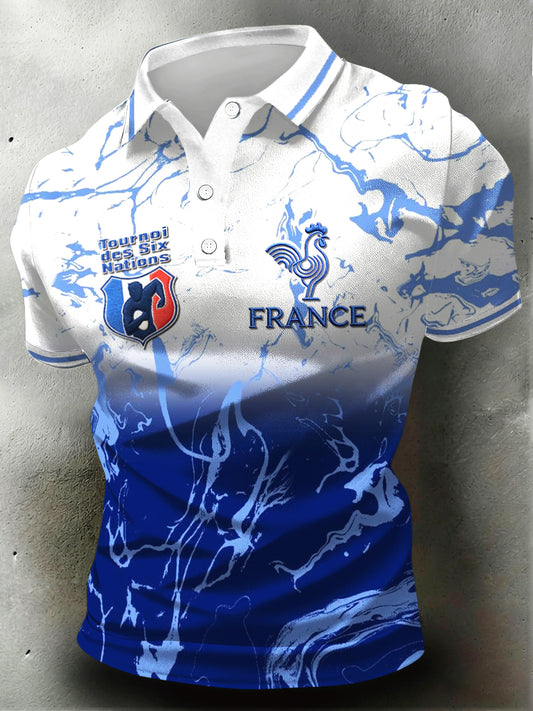 Polo en jersey décontracté imprimé dégradé bleu de rugby coq français pour homme