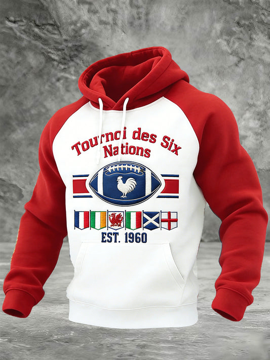 Sweat-shirt à capuche patchwork à imprimé rugby français pour hommes