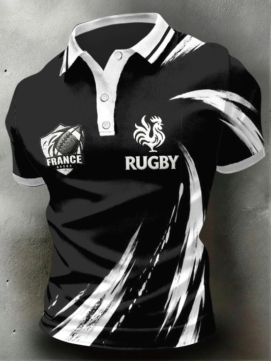 Polo décontracté noir et blanc à imprimé de rugby coq français pour homme