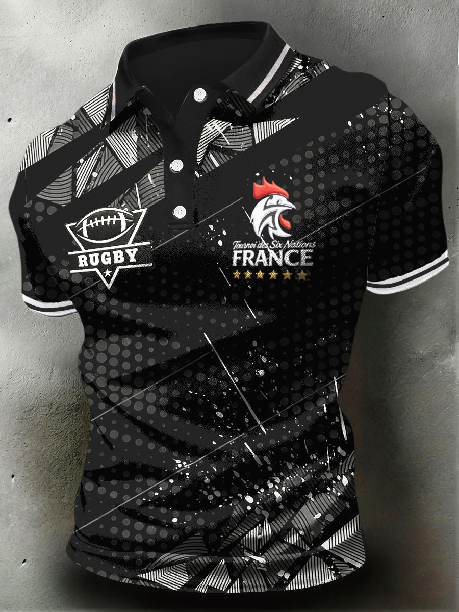 French Rooster Rugby imprimé géométrique noir T-shirt décontracté en jersey pour hommes