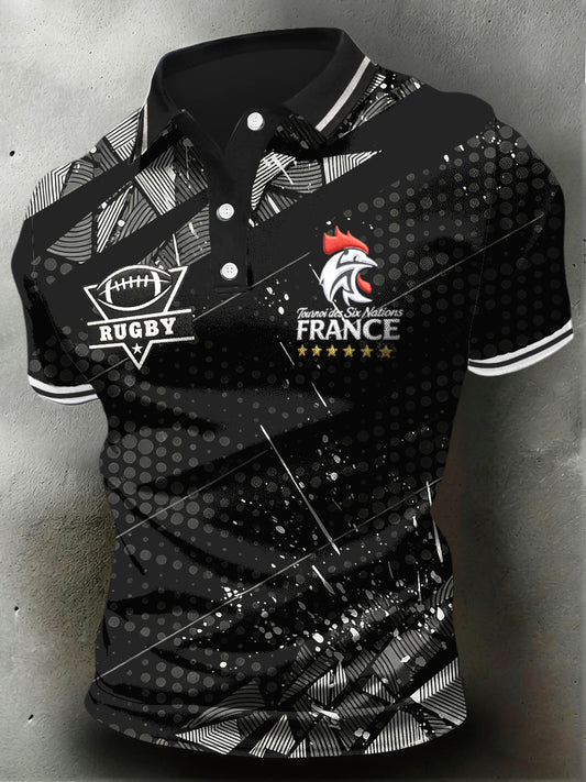 French Rooster Rugby imprimé géométrique noir T-shirt décontracté en jersey pour hommes