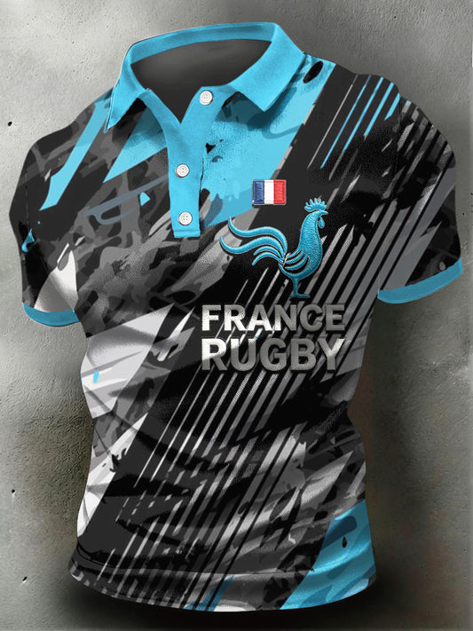 Polo en jersey décontracté à imprimé rugby coq français pour hommes