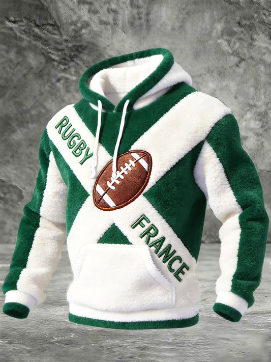Sweat-shirt à capuche décontracté imprimé en fausse polaire style rugby français pour homme