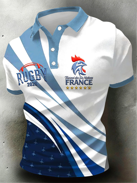 Polo décontracté à imprimé patchwork de rugby coq français pour hommes