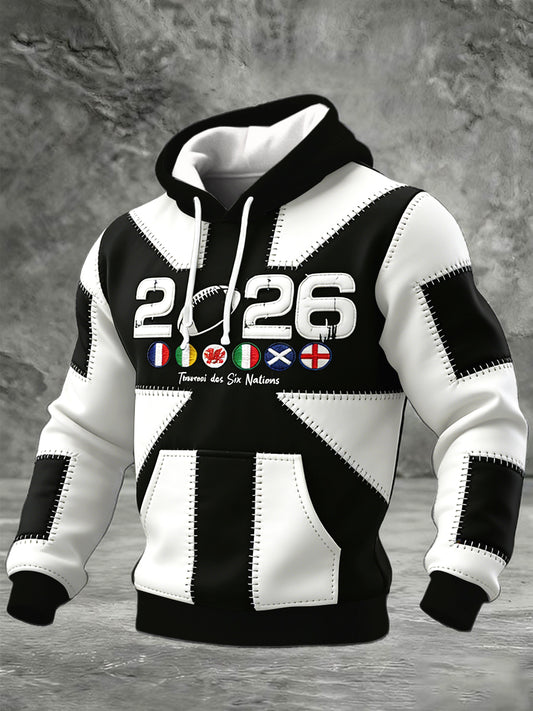 Sweat à capuche décontracté pour homme Rugby Six Nations 2026 Patchwork Print