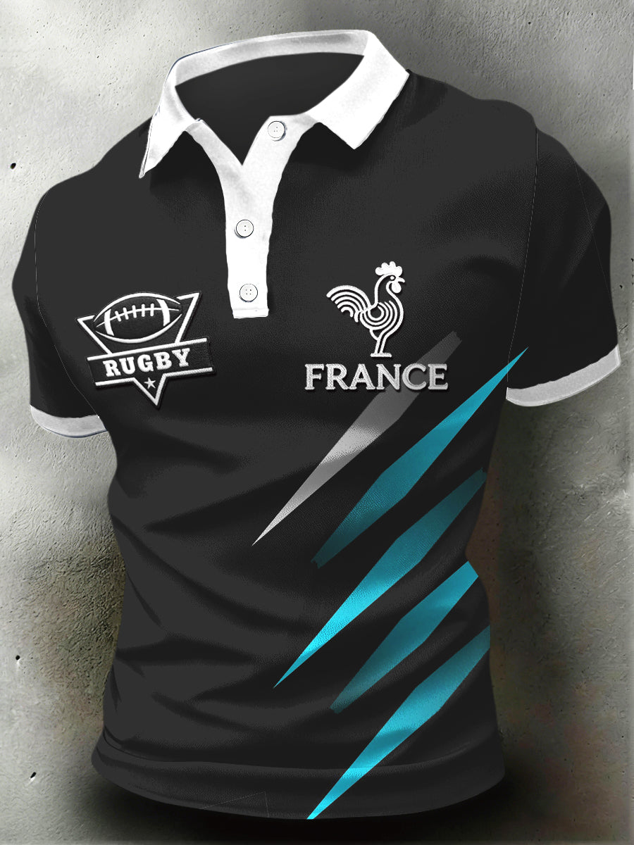 Polo décontracté à imprimé coq de rugby français pour hommes