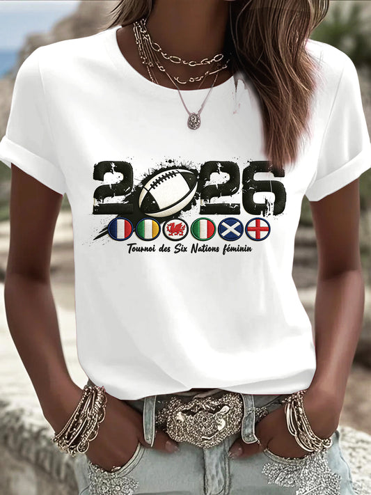 T-shirt blanc décontracté France 2026 Rugby Six Nations pour femme