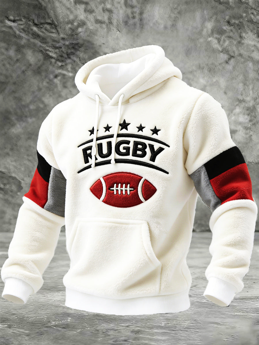Sweat-shirt à capuche blanc cassé à patchwork imprimé simili-polaire pour homme, style rugby