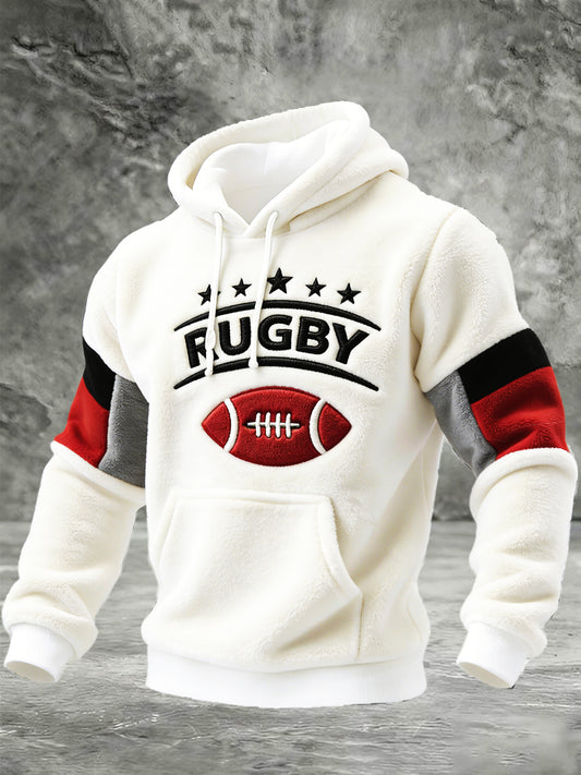 Sweat-shirt à capuche blanc cassé à patchwork imprimé simili-polaire pour homme, style rugby