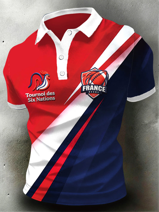 Polo en jersey décontracté imprimé patchwork French Rugby Six Nations pour hommes
