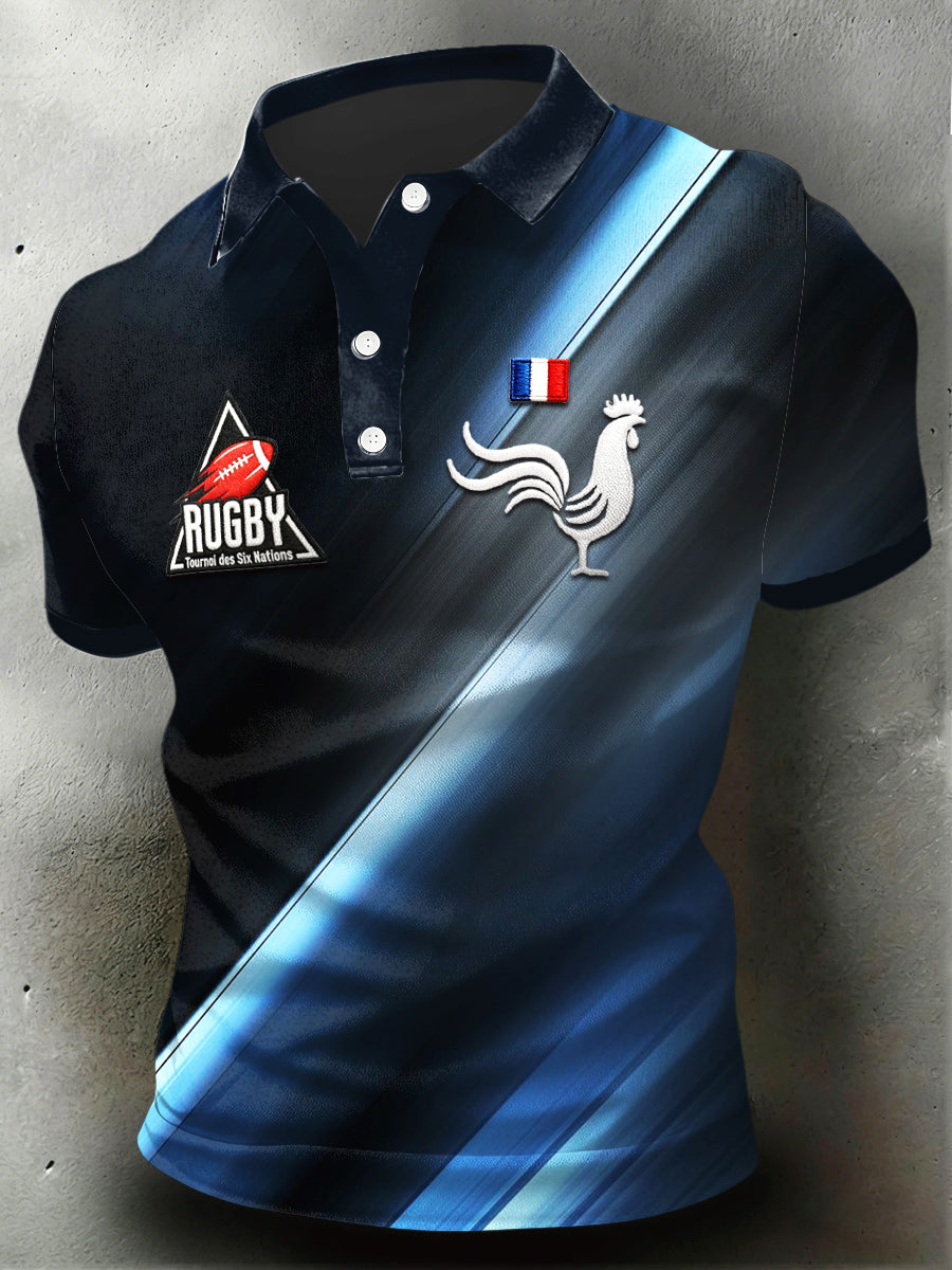 Polo décontracté à imprimé coq de rugby français pour hommes