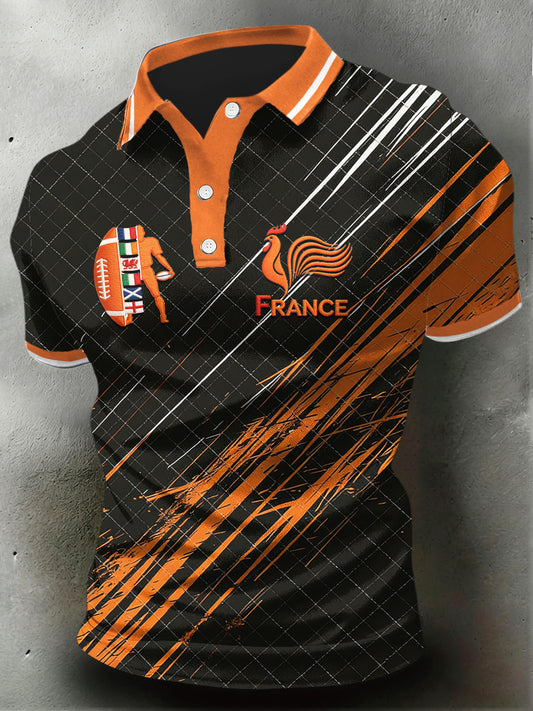 Polo Homme French Rugby Six Nations Imprimé Tartan Orange Manches Courtes Jersey