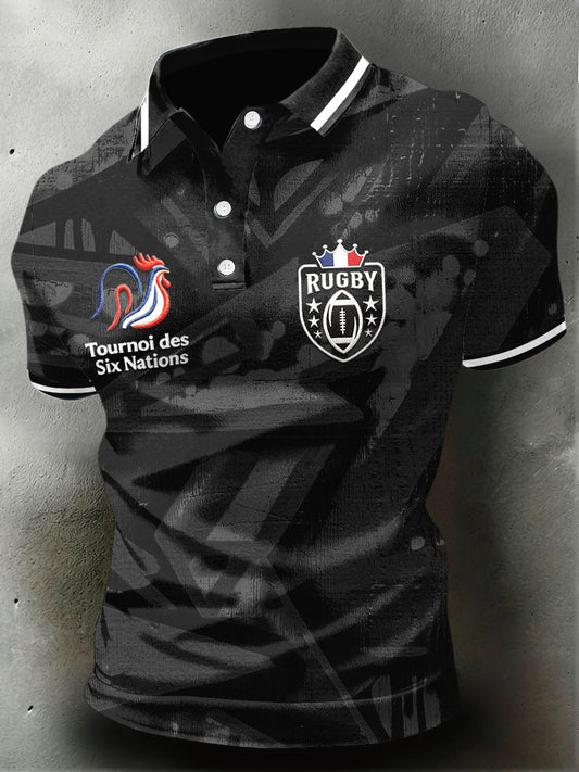 Polo en jersey décontracté noir à imprimé français des Six Nations pour homme