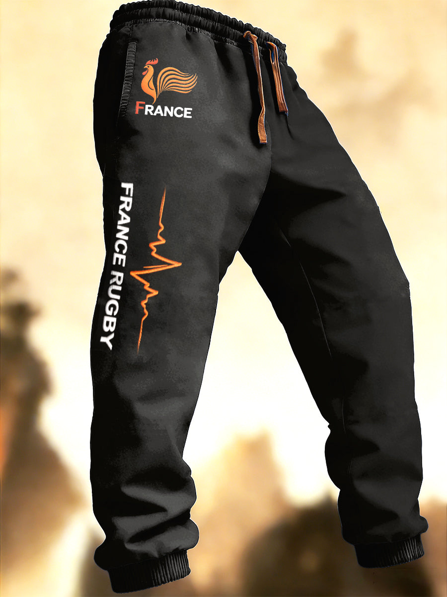 Pantalon de survêtement noir pour homme French Rugby Heartbeat Print