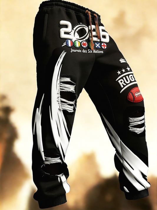 Pantalons de survêtement pour hommes, noirs, imprimé déchiré, Coupe des Six Nations de rugby français