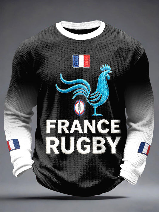 Français Rugby Coq Imprimer Gradient Waffle Weave T-shirt à manches longues pour hommes
