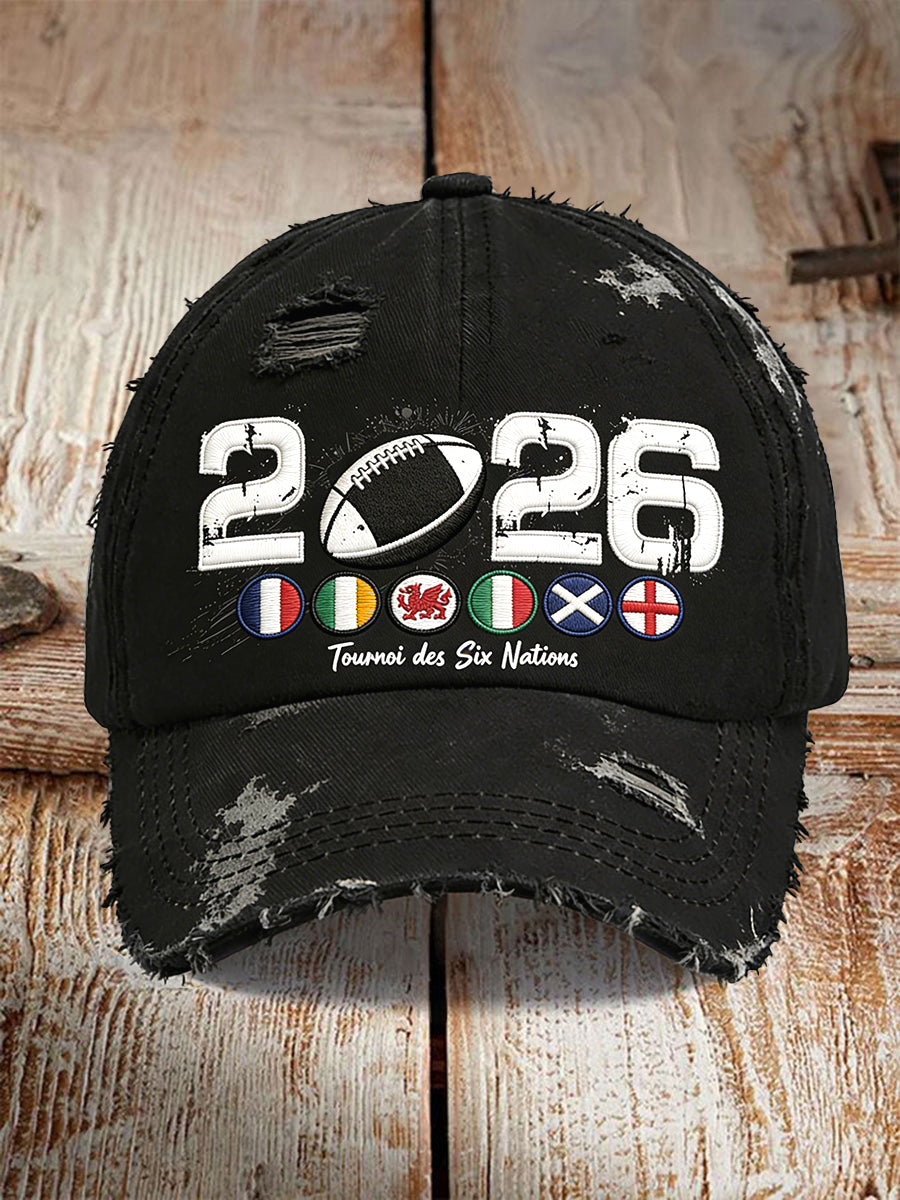 Casquette décontractée noire avec impression vintage usée des Six Nations de rugby 2026