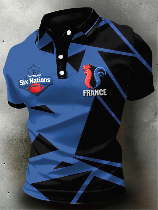 Polo Homme French Rugby Six Nations Imprimé Noir et Bleu