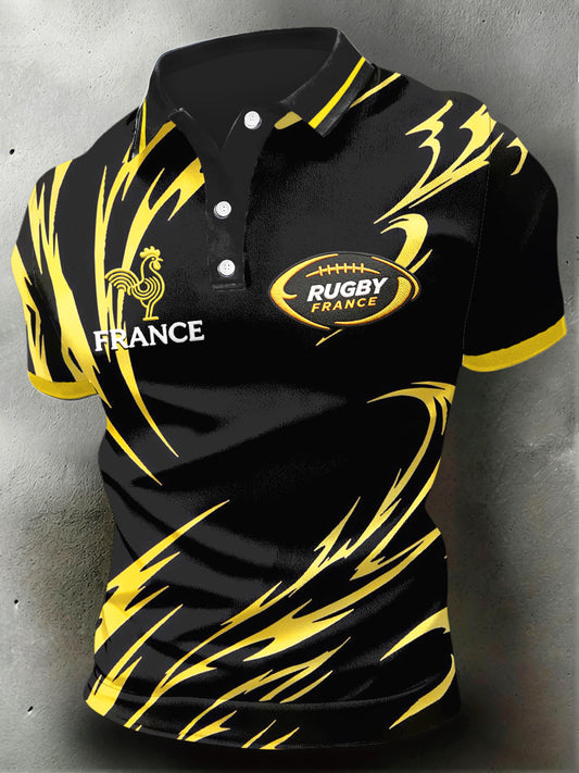 Polo décontracté classique à imprimé de rugby français noir et jaune pour homme