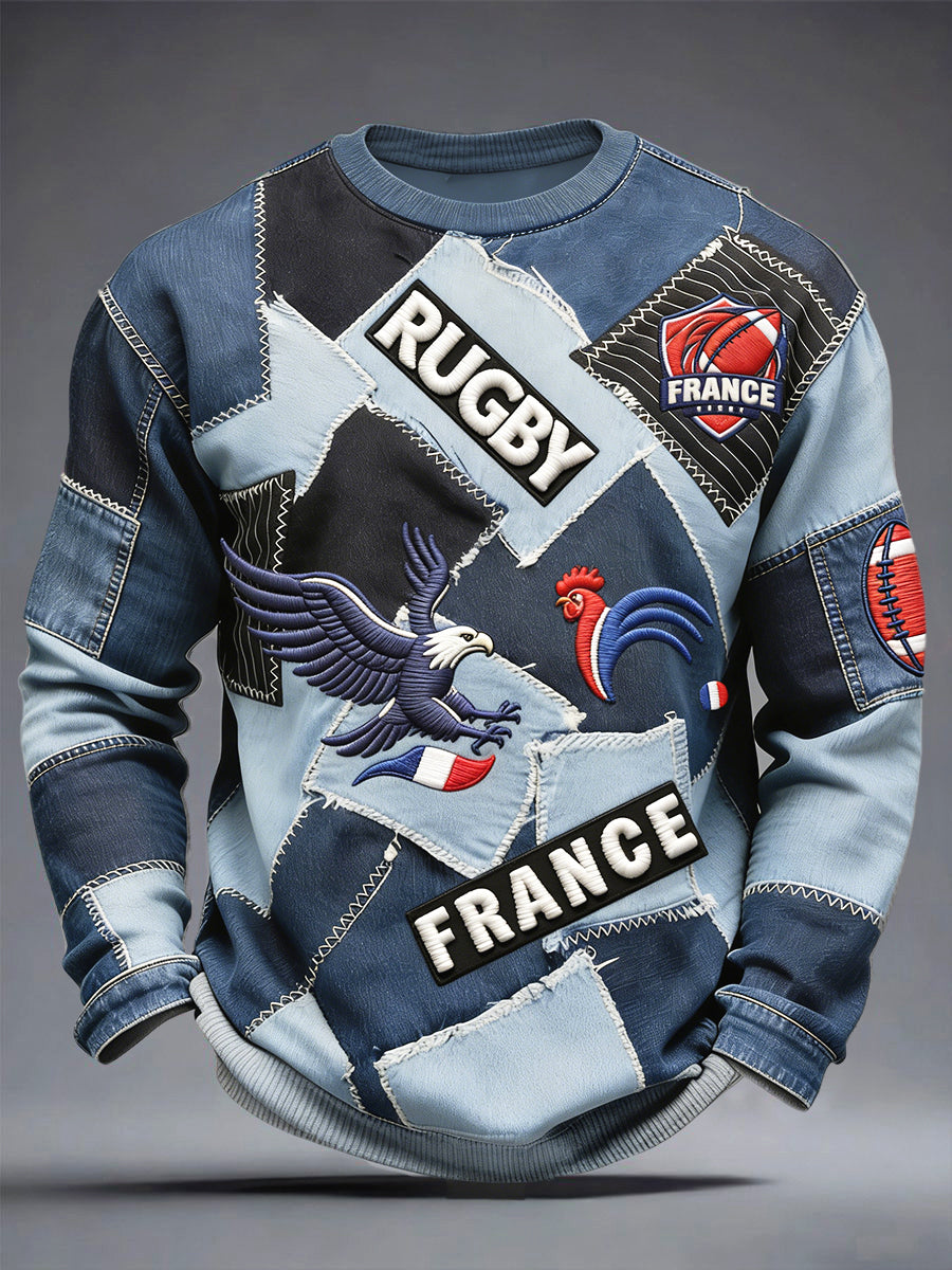 Français Rugby Coq Denim Patchwork Imprimer T-shirt décontracté à manches longues pour hommes