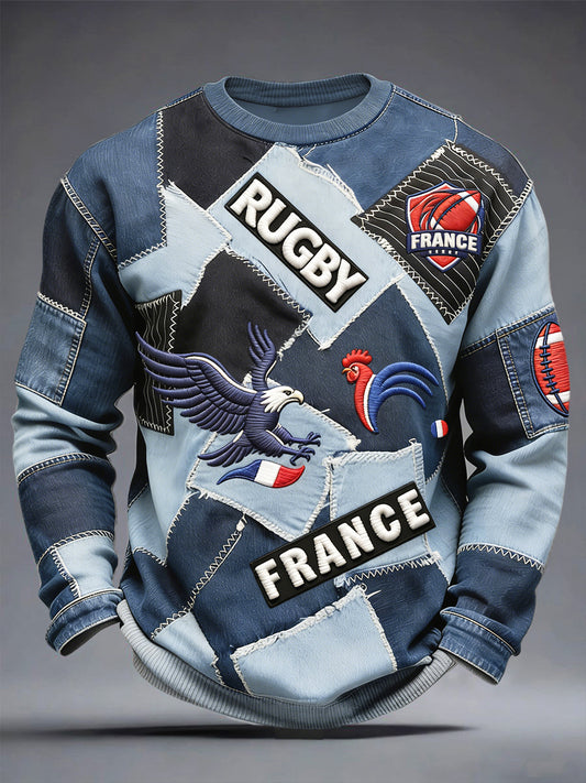 Français Rugby Coq Denim Patchwork Imprimer T-shirt décontracté à manches longues pour hommes
