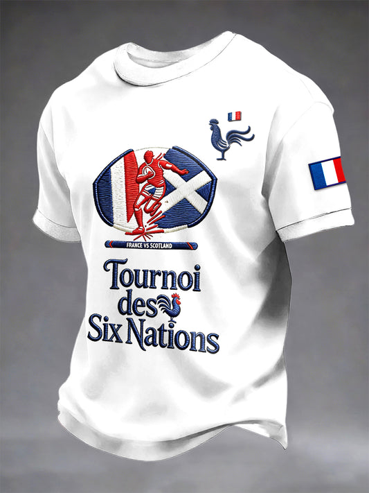 T-shirt décontracté blanc avec imprimé rugby franco-écossais pour hommes