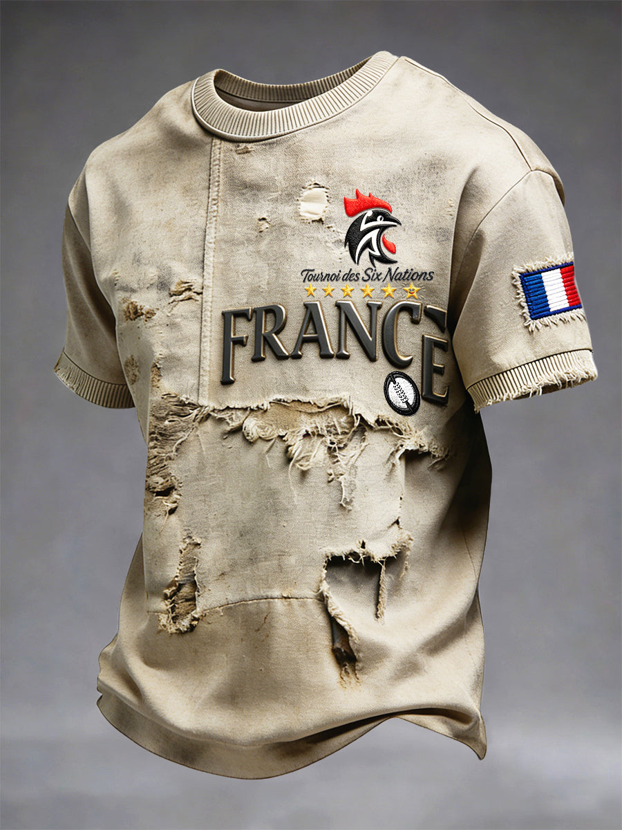 T-shirt en jersey décontracté kaki à imprimé vintage de rugby français pour hommes