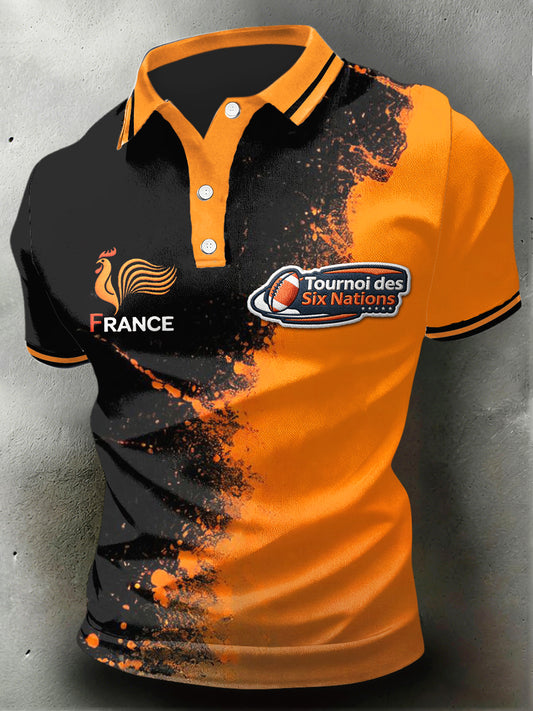 Polo en jersey décontracté France Six Nations Rugby imprimé noir et orange pour homme
