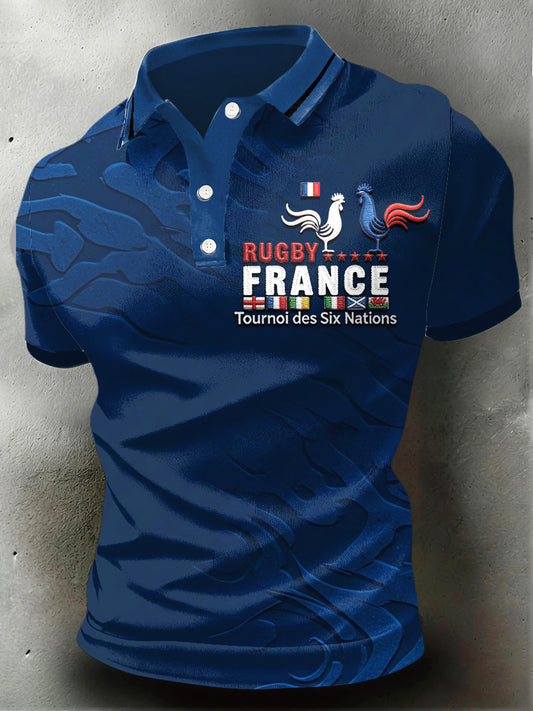Polo Homme Bleu Marine French Rugby Six Nations Imprimé Décontracté