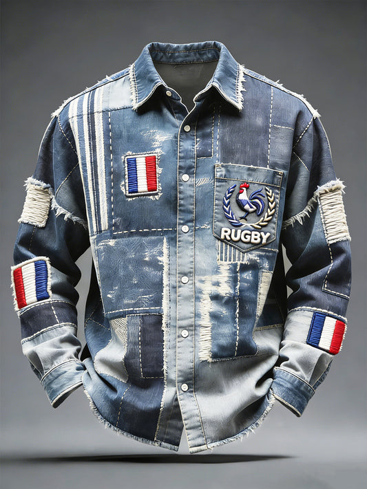 French Rugby Coq Vintage Denim Patchwork Imprimer Casual Shirt pour hommes