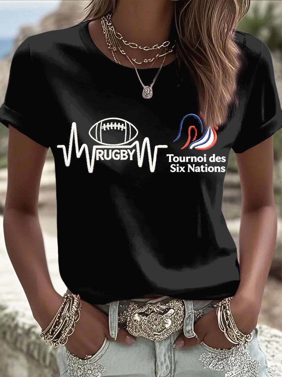 Coq Français Design Rugby Six Nations Imprimer T-shirt décontracté noir des femmes