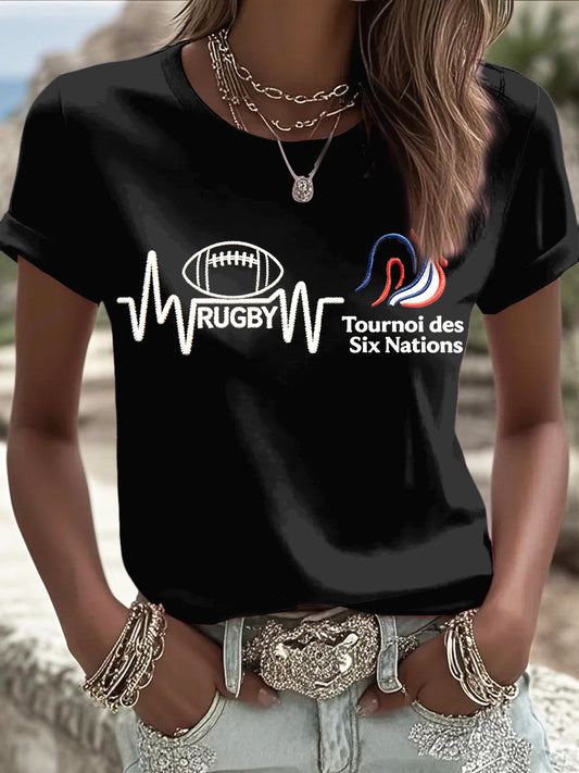 Coq Français Design Rugby Six Nations Imprimer T-shirt décontracté noir des femmes