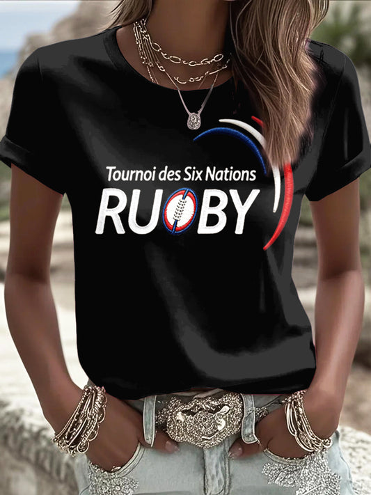 T-shirt décontracté femme inspiré du rugby français imprimé noir