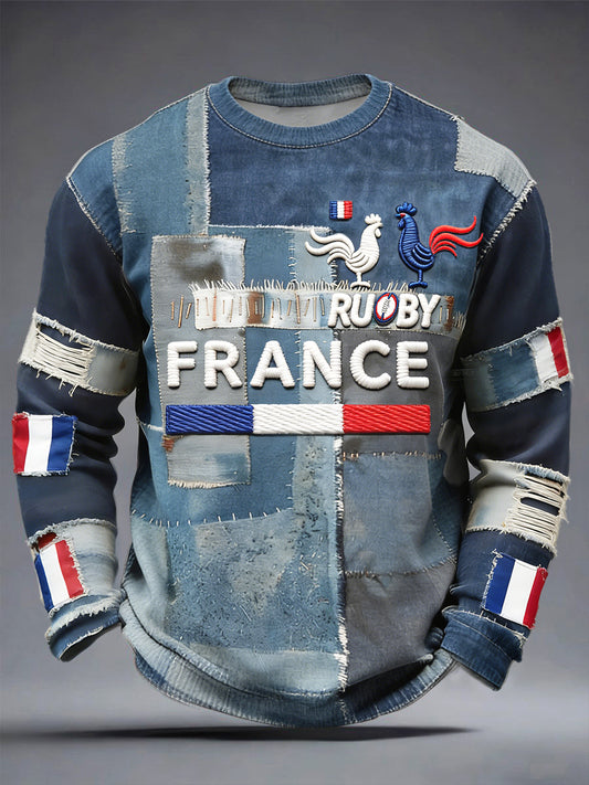 Français Rugby Vintage Denim Patchwork Imprimer T-shirt à manches longues pour hommes