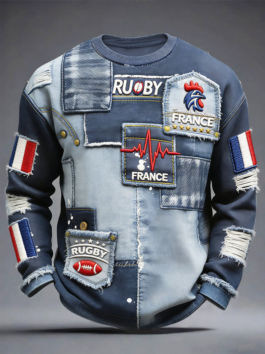 Français de Rugby Coq Vintage Denim Patchwork Imprimer T-shirt à manches longues pour hommes