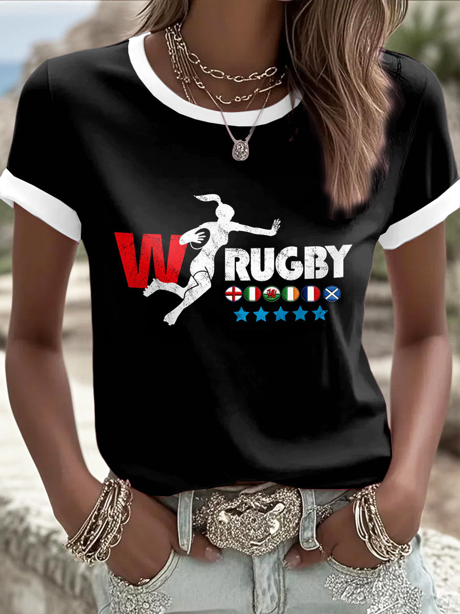T-shirt décontracté Rugby Six Nations pour femme, imprimé noir