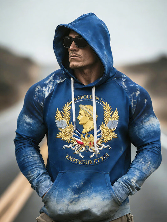 Sweat-shirt à capuche vintage bleu pour hommes, imprimé Napoléon, style français