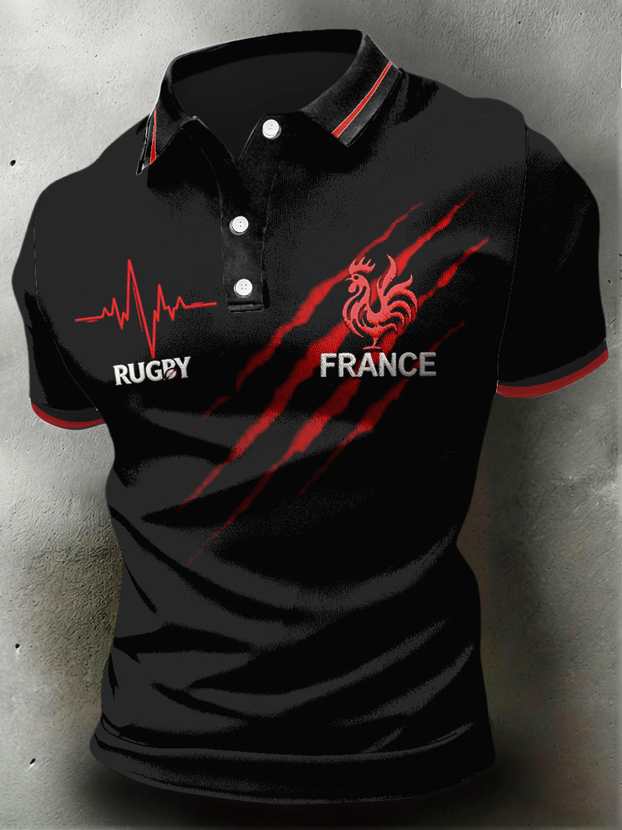 Polo décontracté noir et rouge imprimé rugby français pour homme