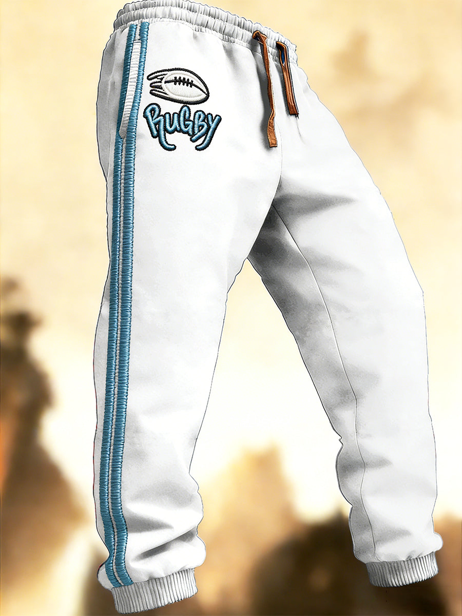 Pantalon de sport décontracté blanc à imprimé rugby pour homme