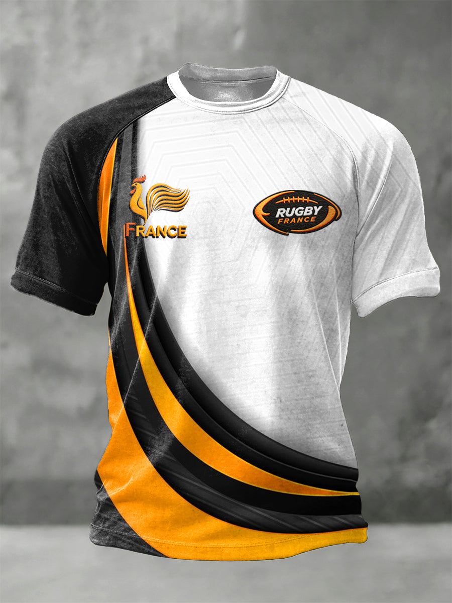 T-shirt en jersey à manches raglan à imprimé patchwork de rugby français pour hommes