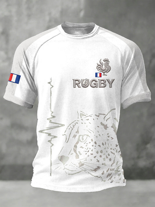 T-shirt blanc pour hommes avec imprimé rugby français et manches raglan