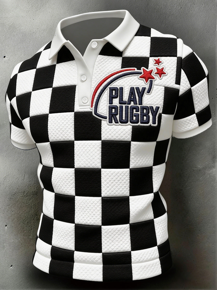 Polo décontracté pour homme en coton, imprimé à carreaux, style rugby français
