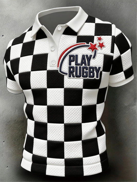Polo décontracté pour homme en coton, imprimé à carreaux, style rugby français