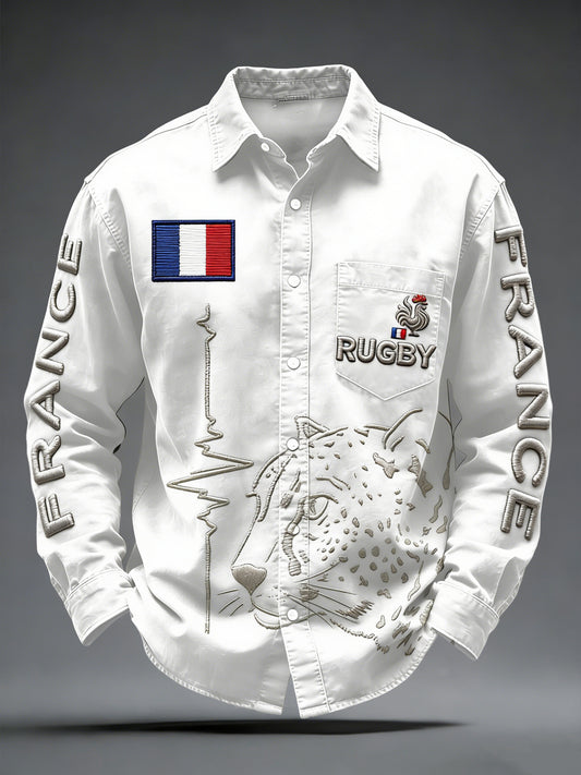 Chemise blanche décontractée à manches longues pour homme French Rugby 3D-Printed