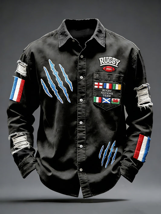 Chemise à manches longues décontractée noire French Rugby Six Nations pour homme